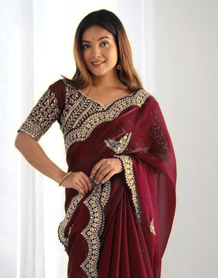 Satrani Embellished, Embroidered Bollywood Organza Saree(Maroon)