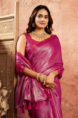 BFM Solid/Plain Bollywood Tissue Saree(Magenta)
