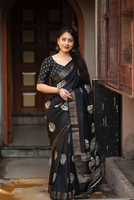 STAVA CREATION Printed Hand Batik Cotton Silk Saree(Black)