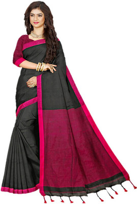 Monde Avenir Solid/Plain Handloom Handloom Pure Cotton Saree(Black, Magenta)