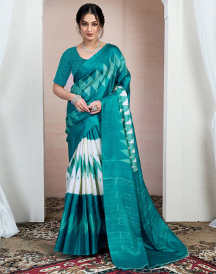 Samah Printed Ikkat Cotton Blend Saree(Blue)