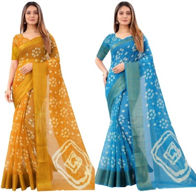 Saadhvi Printed Bandhani Pure Cotton Saree(Pack of 2, Light Blue, Yellow)