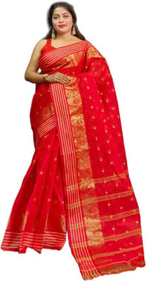 SABITA CUSTOMERY Woven, Color Block Tant Pure Cotton Saree(Red, Gold)