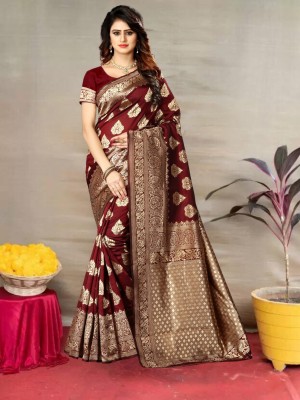 HouseOfCommon Woven Kanjivaram Silk Blend, Cotton Silk Saree(Maroon)