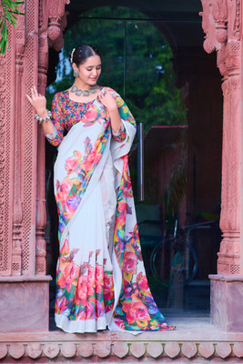 Moda Rapido Printed Daily Wear Cotton Linen Saree(White)