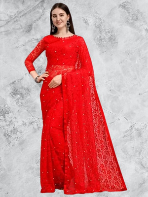 SwiftStyle Solid/Plain Bollywood Net Saree(Red)