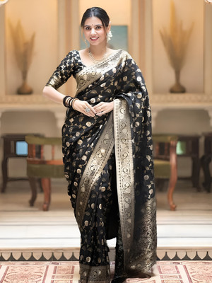 YASHIKA Woven Banarasi Cotton Silk, Jacquard Saree(Black)