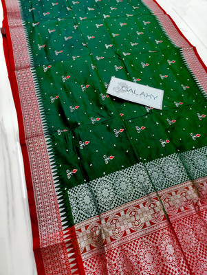 Galaxy Sarees Embroidered Banarasi Satin Saree(Dark Blue)