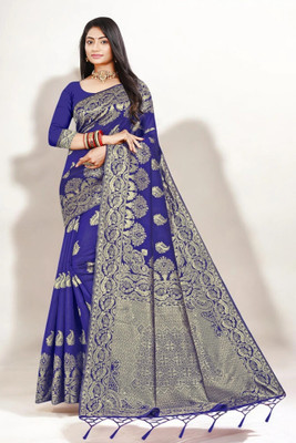 Pikham Self Design Banarasi Art Silk Saree(Dark Blue)