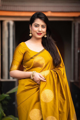 Shop Deals Woven Banarasi Silk Blend Saree(Yellow)