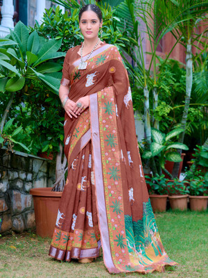 Tasrika Digital Print Hand Batik Cotton Linen Saree(Brown)