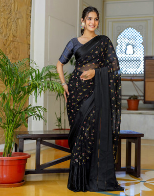 Samah Digital Print, Printed, Embellished Bollywood Georgette Saree(Black)