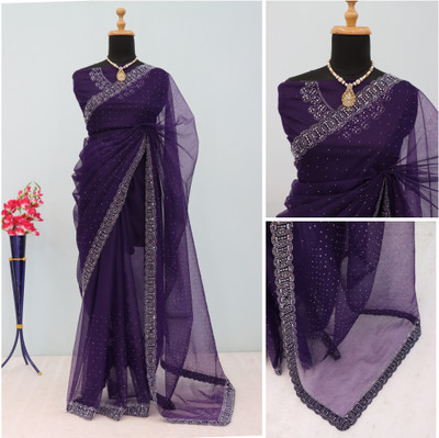 VarniRaaj Fashion Embellished Bollywood Supernet Saree(Purple)