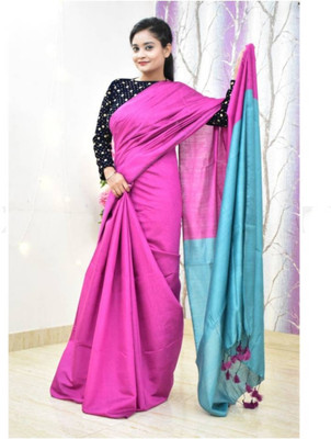 SRIJITA SAREE CENTER Solid/Plain Handloom Cotton Silk Saree(Pink)