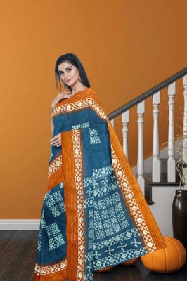 Ruhabs Printed Ikkat Cotton Blend Saree(Light Blue)