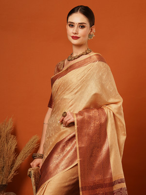 Divastri Embellished, Self Design, Woven Banarasi Jacquard, Cotton Silk Saree(Beige)