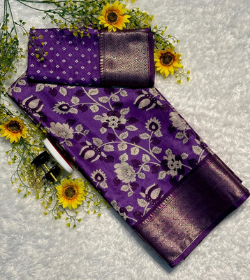 RAAVIENTERPRISE Floral Print, Printed Mangalagiri Silk Blend Saree(Purple, Blue)