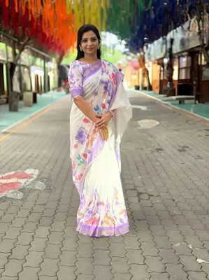 VCREATION Digital Print Bollywood Cotton Linen Saree(Multicolor)