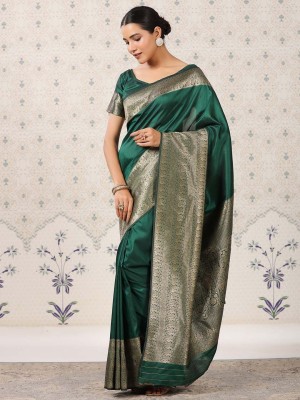 Ode by House of Pataudi Woven, Paisley Banarasi Silk Blend Saree(Dark Green, Gold)