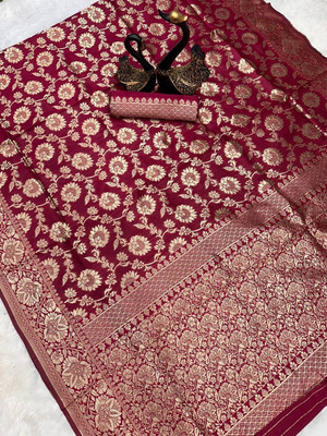 HARLESARIYA Floral Print, Woven, Self Design, Embellished, Printed Banarasi Silk Blend Saree(Maroon)