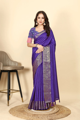 J6 Designers Self Design, Checkered, Printed Madhubani Cotton Silk Saree(Light Blue)