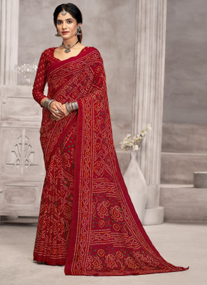 Sudarshana Geometric Print Bandhani Chiffon Saree(Maroon)