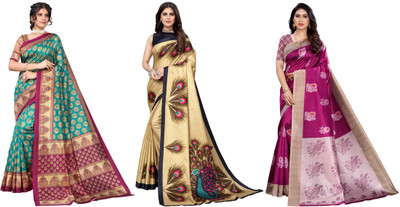 YASHIKA Printed Bhagalpuri Art Silk Saree(Pack of 3, Blue, Gold, Purple)