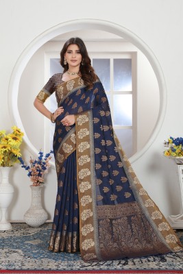 ishika fab Woven Chanderi Handloom Art Silk Saree(Dark Blue)