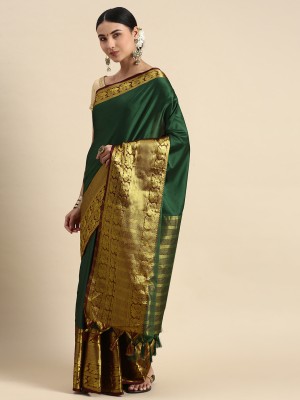 SWDHRM Woven Narayanpet Jacquard, Cotton Silk Saree(Dark Green)