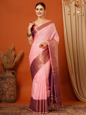 HouseOfCommon Embellished, Woven Mysore Cotton Silk, Jacquard Saree(Pink, Purple, Gold)