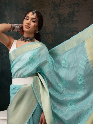 Divastri Embroidered Kota Doria Cotton Silk Saree(Light Blue)