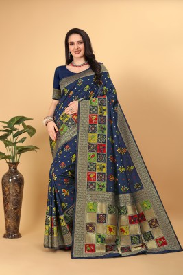 Pionex Woven Patola Jacquard, Pure Silk Saree(Dark Blue)