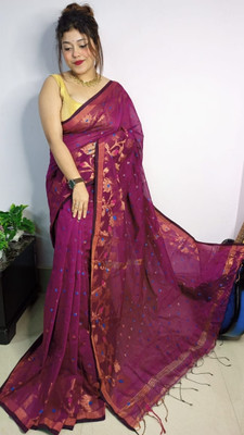 saree star Woven Tant Cotton Silk Saree(Magenta)