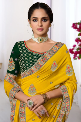 Anjani Textile Embroidered, Embellished Bollywood Silk Blend Saree(Yellow)