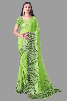 MAHALACMI FAB Digital Print Bollywood Georgette Saree(Light Green, Black)