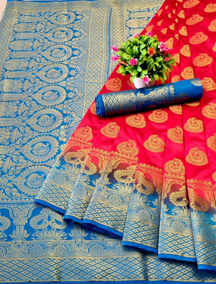 GrodLine Overseas Woven, Self Design Banarasi Jacquard Saree(Red, Blue)