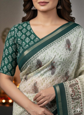 Pionex Printed Handloom Pure Cotton Saree(Green)