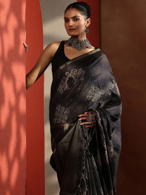 LIBAS Printed Daily Wear Silk Blend Saree(Black, Grey)