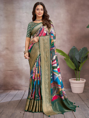 Tasrika Printed Banarasi Viscose Rayon Saree(Green)