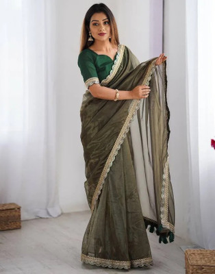 Sareezaa Solid/Plain Bollywood Tissue, Silk Blend Saree(Green)
