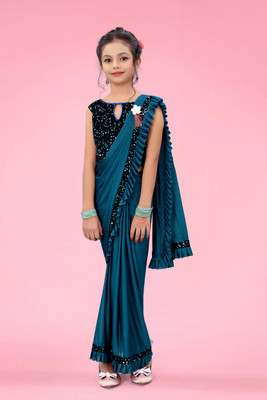 HouseOfCommon Embellished, Self Design Bollywood Lycra Blend Saree(Dark Blue)