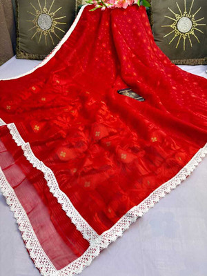 Hiya saree And Punjabi house Printed Jamdani Cotton Blend Saree(Red)
