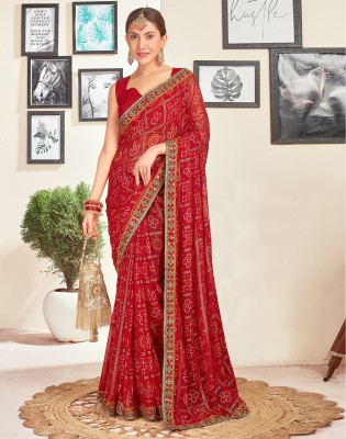 Satrani Printed, Embellished, Embroidered Bandhani Georgette Saree(Red, Multicolor)