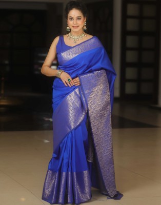 Samah Woven, Embellished Kanjivaram Silk Blend, Jacquard Saree(Blue)