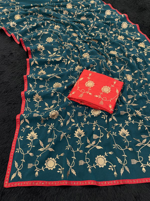 KHRITI FAB Embroidered Bollywood Silk Blend Saree(Dark Blue)