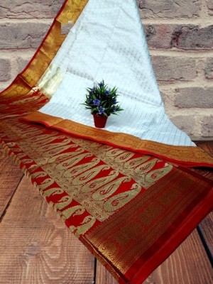 Happy Creation Woven Banarasi Handloom Pure Silk Saree(Red, White)