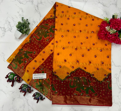 KRISHNA NX Printed Bandhani Pure Cotton Saree(Gold)