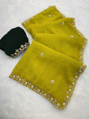 saanvi Embroidered Bollywood Jimmy choo, Chiffon Saree(Yellow)