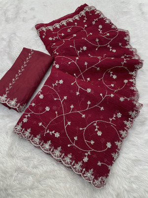 BELLETRENDZ Embroidered Bollywood Jimmy choo Saree(Red)