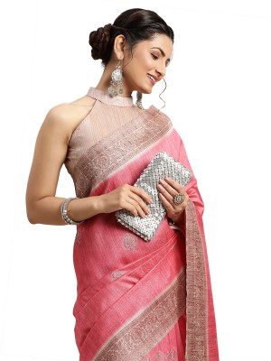 Akhilam Embroidered Kalamkari Silk Blend Saree(Pink)